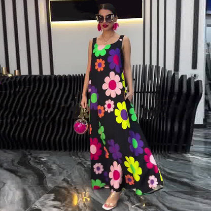 Floral Printed Loose Sleeveless Ankle-Length Dress