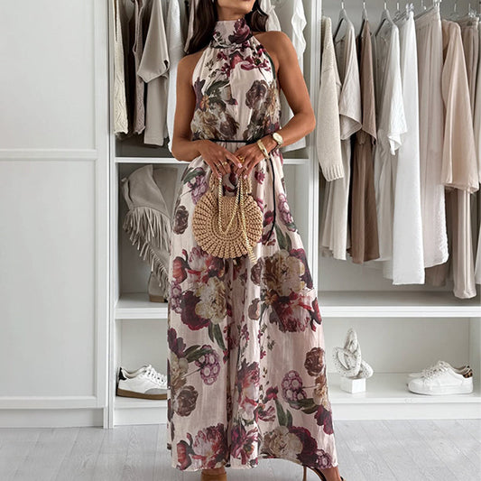 Women's Elegant Backless Printed Jumpsuit
