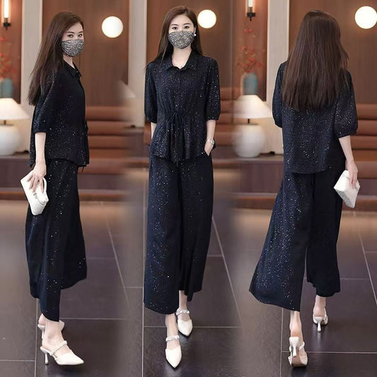 Fashion Solid Color Sparkle Shirt & Wide-Leg Pants Set