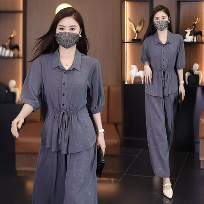 Fashion Solid Color Sparkle Shirt & Wide-Leg Pants Set