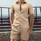 Men's Casual Solid Color Diamond Pattern Short Sleeve Shirt & Shorts 2-Piece Set