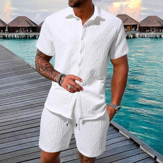 Men's Casual Solid Color Diamond Pattern Short Sleeve Shirt & Shorts 2-Piece Set