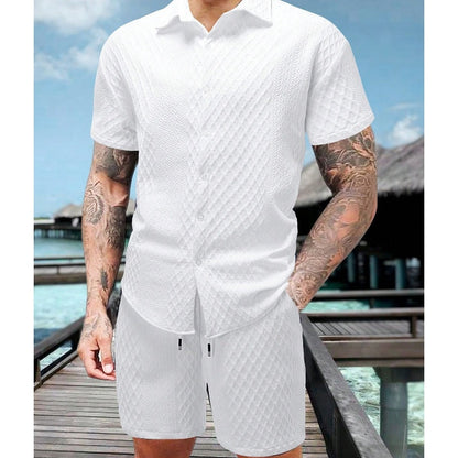 Men's Casual Solid Color Diamond Pattern Short Sleeve Shirt & Shorts 2-Piece Set