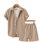 Men's Casual Solid Color Diamond Pattern Short Sleeve Shirt & Shorts 2-Piece Set