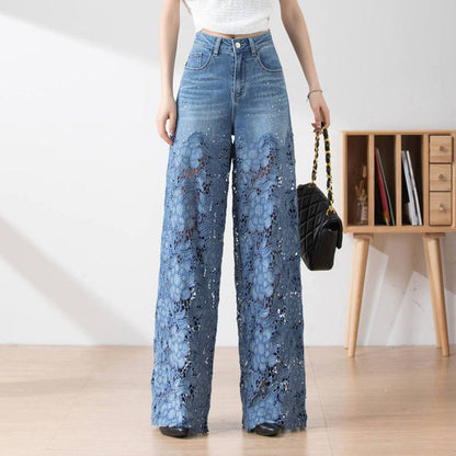 🌸New Arrival 50%OFF💖 Women's High-Waisted Blue Denim Wide-Leg Pants (Hollow-out Lace Panels)