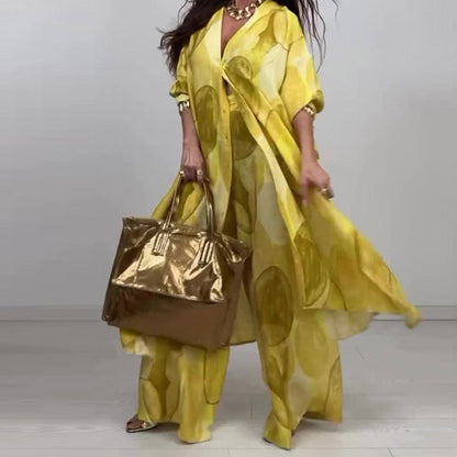 Fashion Print Long Sleeve Shirt and Wide Leg Pants 2-Piece Set