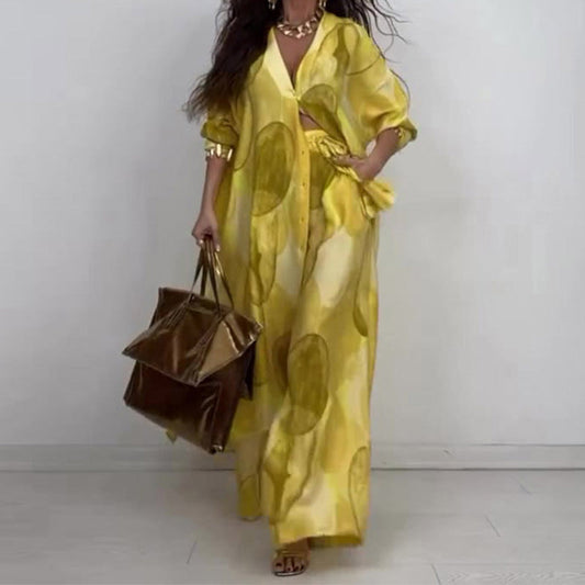 Fashion Print Long Sleeve Shirt and Wide Leg Pants 2-Piece Set