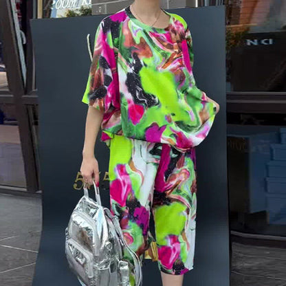  Tie-Dye Print Loose Short-Sleeve and Capri Pants Set