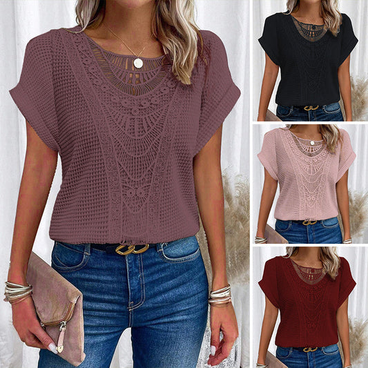 Women's Solid Crochet Crew Neck Short-Sleeve Tops