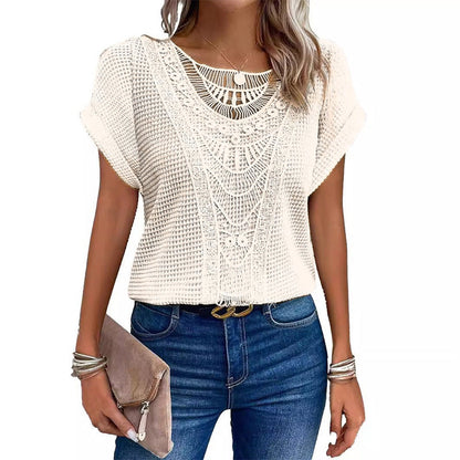 Women's Solid Crochet Crew Neck Short-Sleeve Tops
