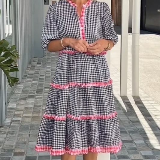 Sweet and Fresh Plaid Color-Block Cake Ruffle Dress