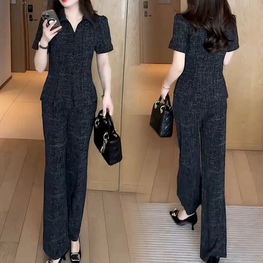 Women’s Elegant Short Sleeves Top & Wide Leg Pants 2PCS Set