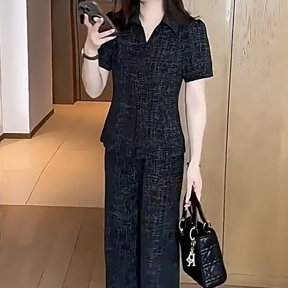 Women’s Elegant Short Sleeves Top & Wide Leg Pants 2PCS Set