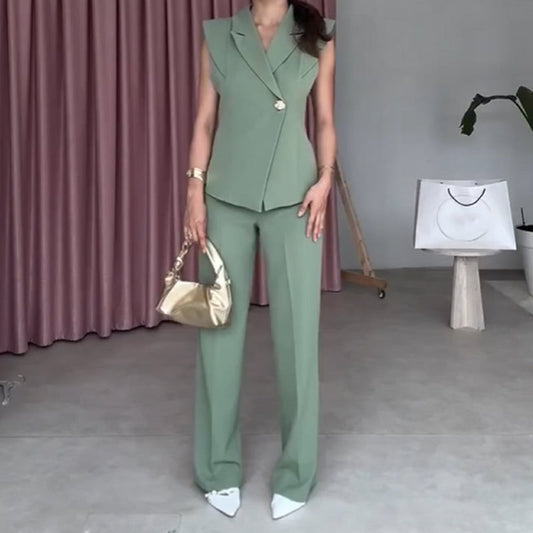 Women’s Elegant Sleeveless Blazer & Pants Two-Piece Set