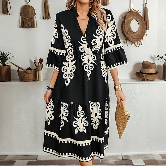 Rochie casual cu imprimeu și decolteu în V