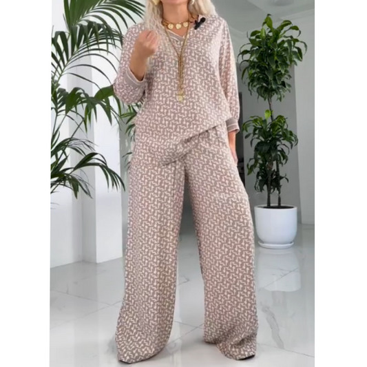 Women's Casual Printed Tops ＆ Wide-Leg Pants 2-Piece Set