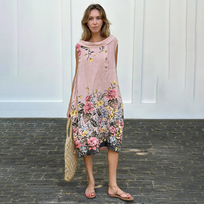 Boho Chic Floral Sleeveless Dress with Front Button Accents
