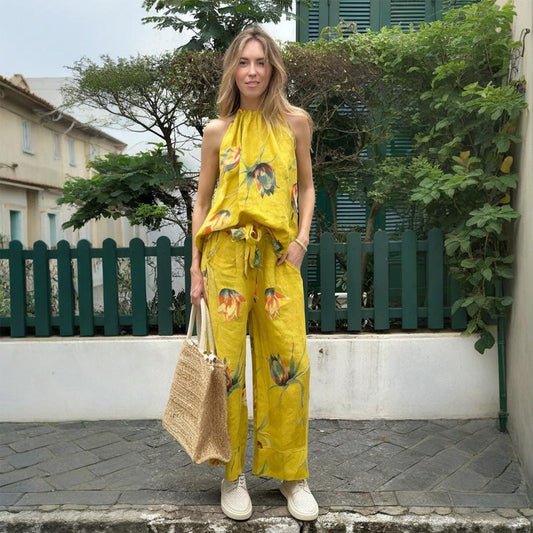 Floral Printed Halter Neck Top & Wide-Leg Pants Set
