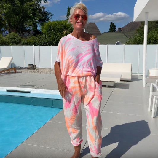 Women's Printed Short-Sleeve Tops ＆ Pants 2-Piece Set