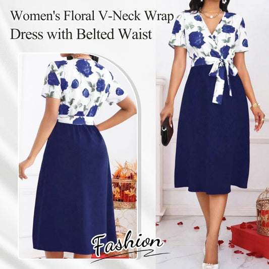 Women's Floral V-Neck Wrap Dress with Belted Waist