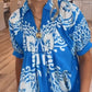 Blue V-Neck Collared Printed Maxi Dress with Puff Sleeves
