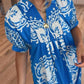 Blue V-Neck Collared Printed Maxi Dress with Puff Sleeves