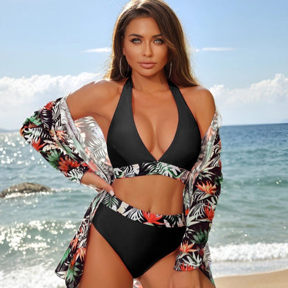 Women's Tropical Print Swimwear Set - Cover-Up, Bikini Top & Bottom
