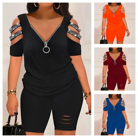 V-Neck Zipper Top & Shorts Set