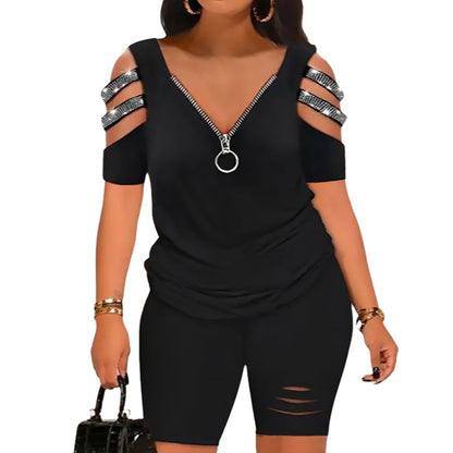 V-Neck Zipper Top & Shorts Set