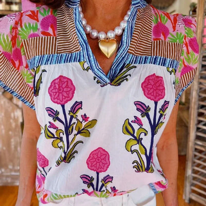 Women's Casual V-Neck Short Sleeve Printed Top