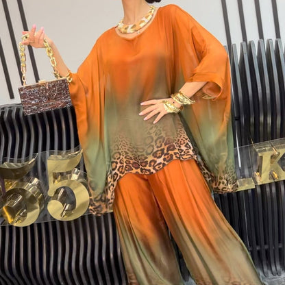 Gradient & Leopard Print Top and Wide-Leg Pants