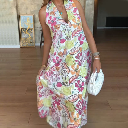 Colorful Print Sleeveless V-Neck Dress