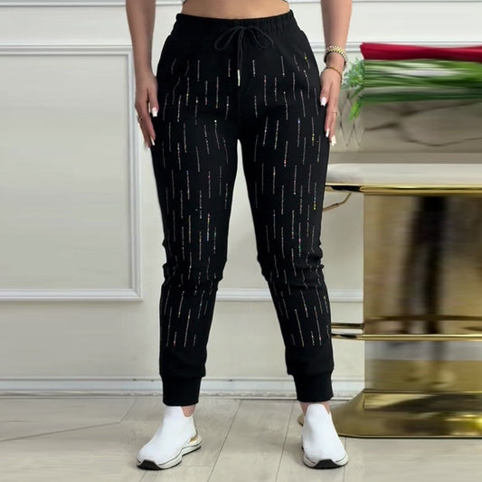 Women's Black Drawstring Sweatpants With Rhinestone Embellishments