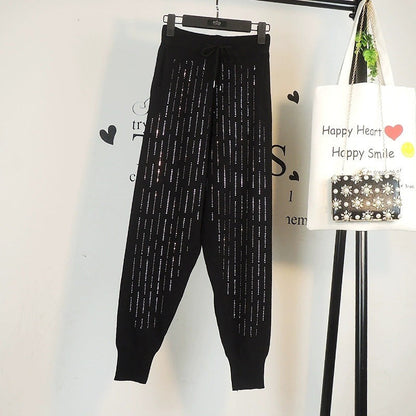 Women's Black Drawstring Sweatpants With Rhinestone Embellishments