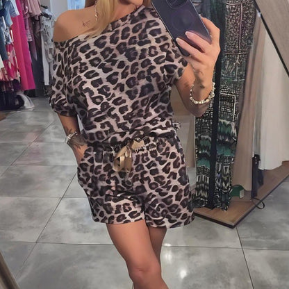 Leopard Print Off-Shoulder Top & Shorts Set