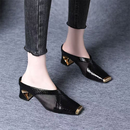 Women's Mesh Block Heel Mules