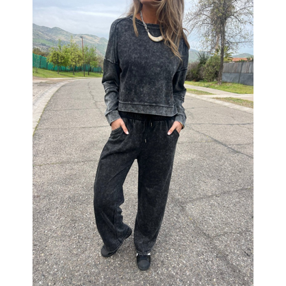 Vintage Washed Pullover Cropped Hoodie & Pants Set