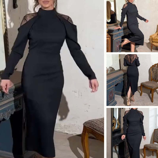 Women's Elegant Mock Neck Lace Back Midi Dress