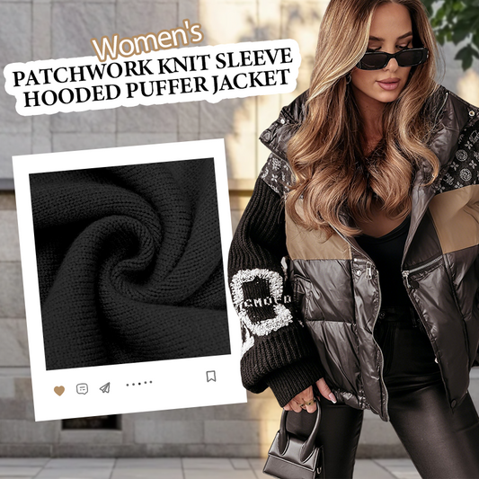 Women’s Patchwork Knit Sleeve Hooded Puffer Jacket