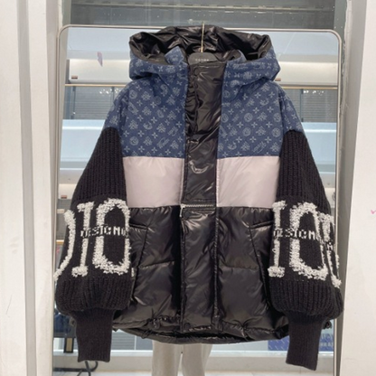 Women’s Patchwork Knit Sleeve Hooded Puffer Jacket