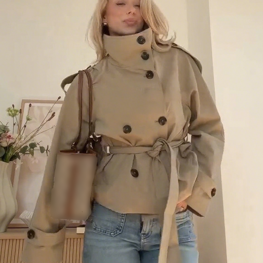 Double-Breasted Waist-Tie Stand Collar Cropped Coat