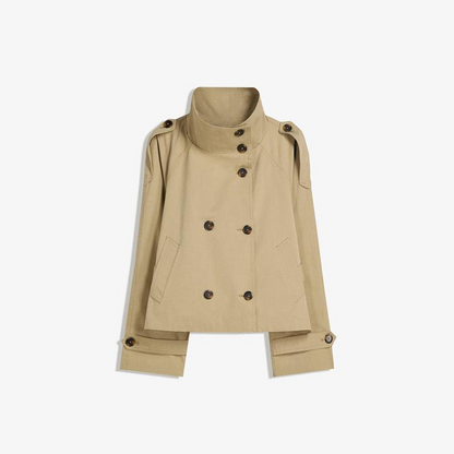 Double-Breasted Waist-Tie Stand Collar Cropped Coat