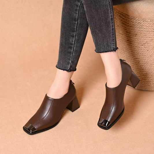 Women's Square-Toe Chunky Heel Shoes with Zipper