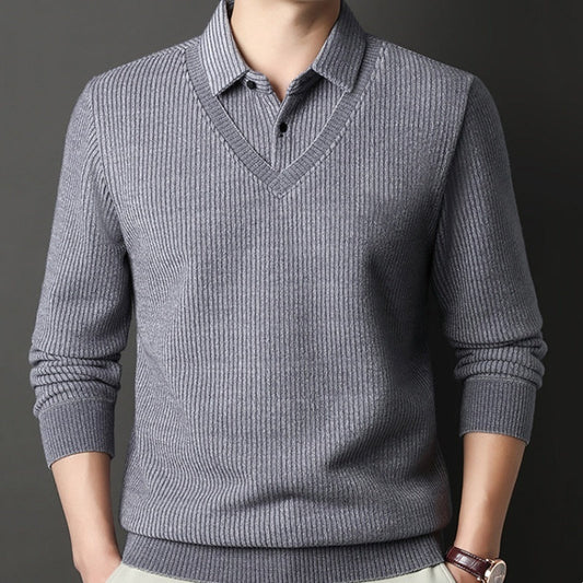 Men's V-Neck Fake Two-Piece Knitted Sweater
