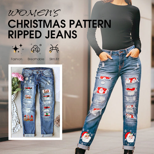 Women's Christmas Pattern Ripped Jeans