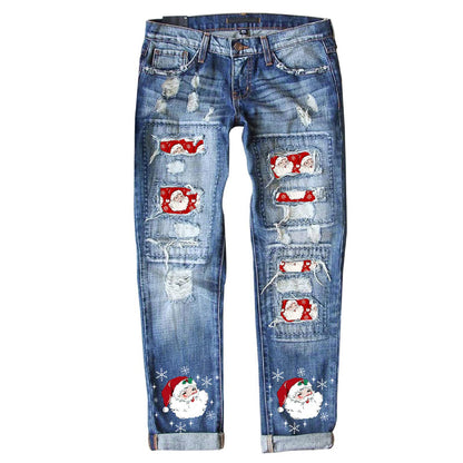 Women's Christmas Pattern Ripped Jeans