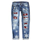 Women's Christmas Pattern Ripped Jeans