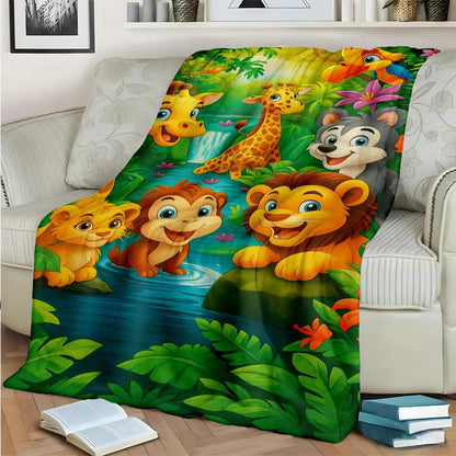 Plush Flannel Throw Blanket with Cartoon Jungle Print