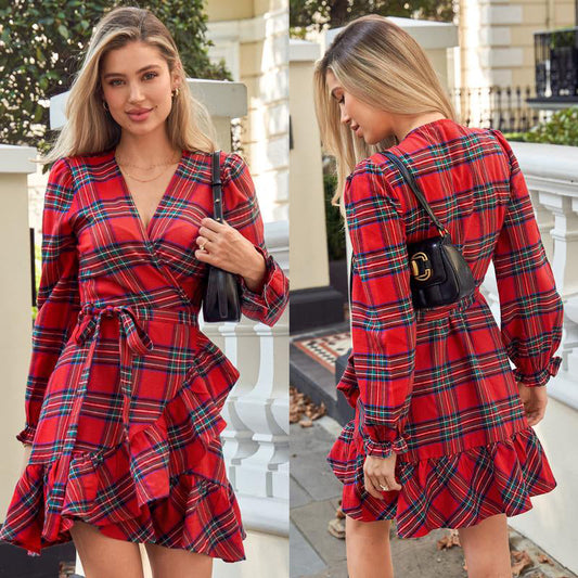 Women’s Stylish V-Neck Plaid Print Dress