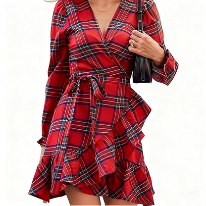 Women’s Stylish V-Neck Plaid Print Dress